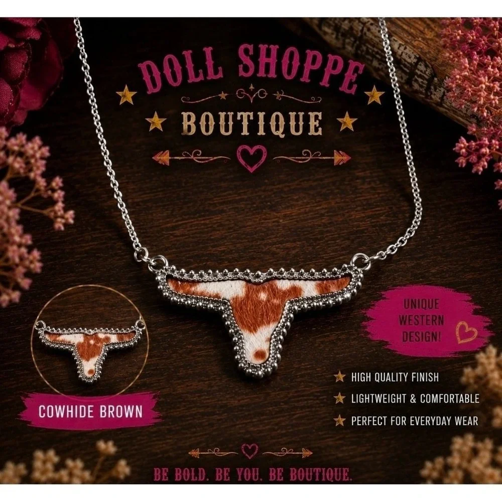 Brown Cowhide Bull Skull Necklace